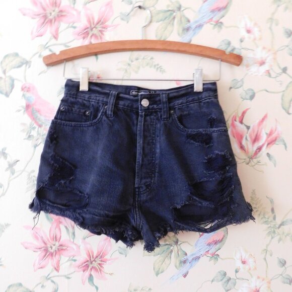 🦌 Abercrombie & Fitch Distressed Ripped Black Shorts - Picture 4 of 14